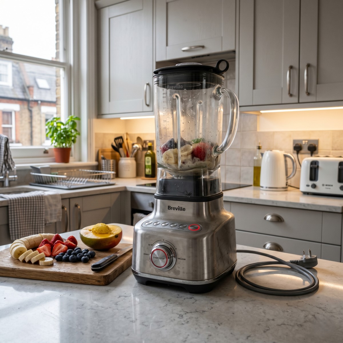 modern kitchen blender placed centrally on a clean quartz kitchen island