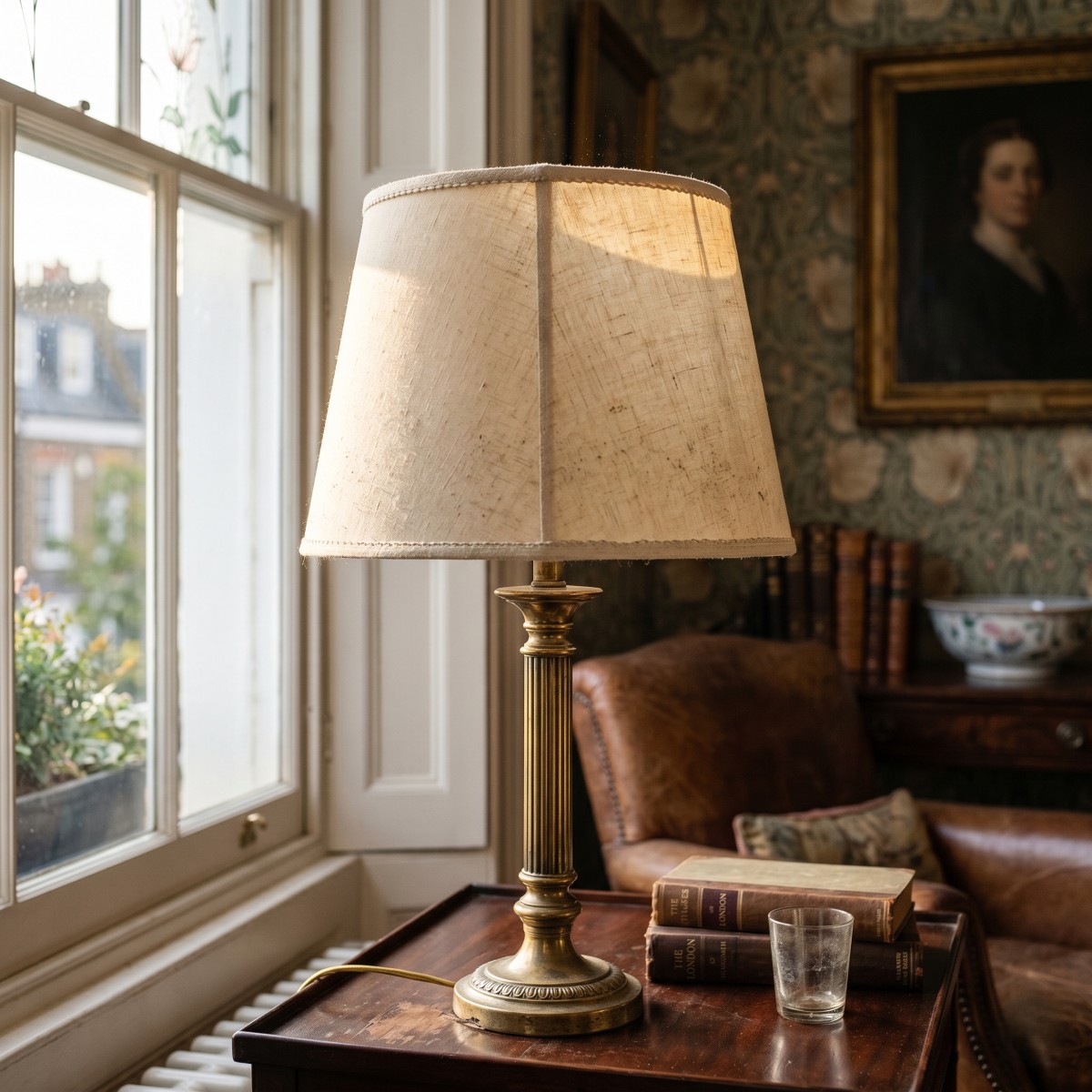 a slightly dusty cream fabric lampshade on an elegant antique brass table lamp
