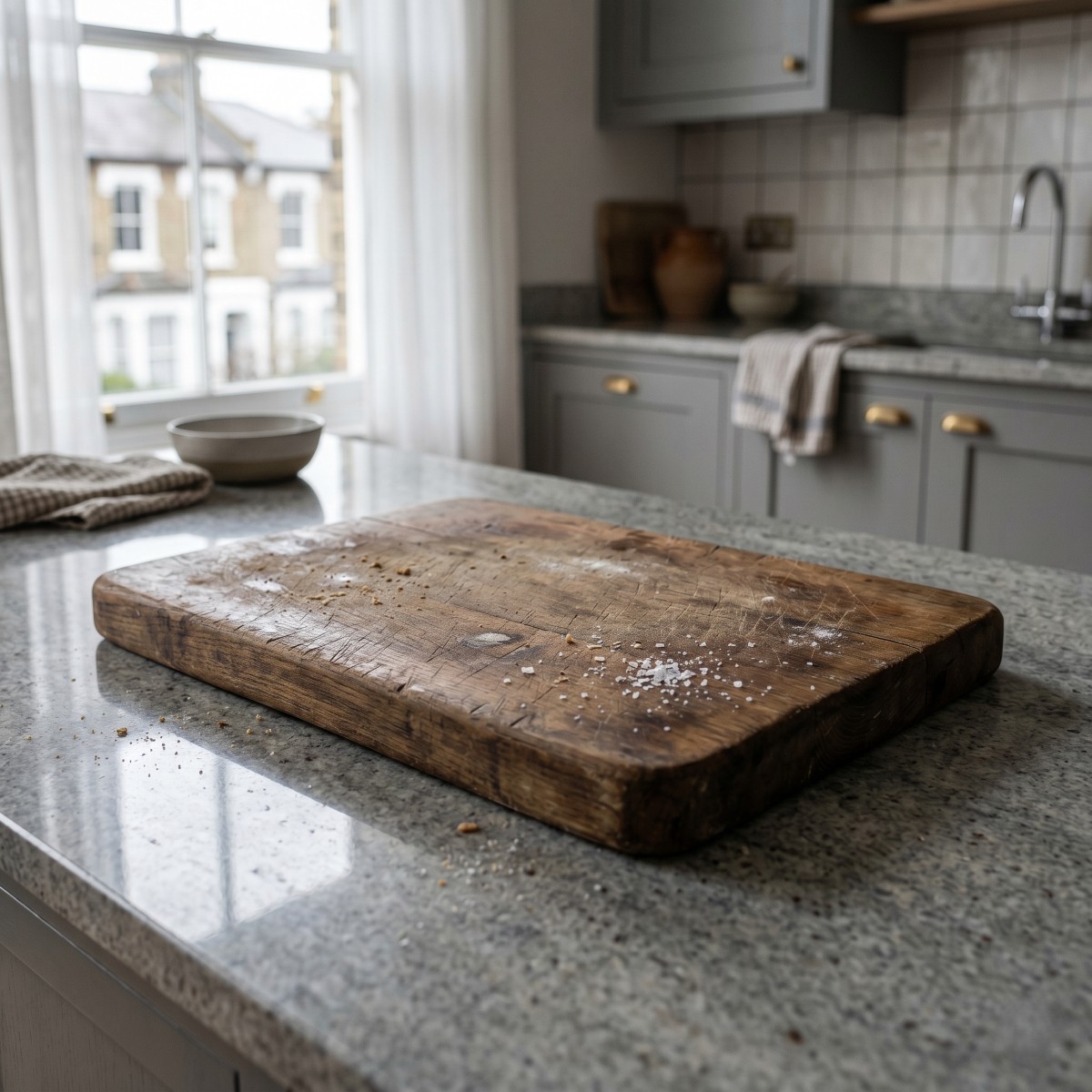 a well-used wooden chopping board placed on a polished granite countertop on a central kitchen island in a modern standard London kitchen